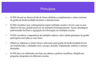 Princípios
• O ZEE deverá ser desenvolvido de forma alinhada e complementar a outros sistemas
de gestão de biodiversidade nacionais e internacionais;
• O ZEE reconhece que o planejamento requer múltiplas escalas e níveis e que os seus
objetivos devem, quando possível, ser ajustados hierarquicamente. Assim, abordagens
padronizadas facilitam a agregação da informação em múltiplas escalas;
• O ZEE reconhece a importância de múltiplos saberes e deve adotar princípios de gestão
participativa em todas as suas fases;
• Objetivos, hipóteses e metas claras e relevantes para gestão da biodiversidade devem
ser estabelecidas, e alinhadas com o escopo, desenho, implantação, análises e sínteses
desejadas;
• O ZEE deve ser elaborado com base em saberes e práticas científicas, dirigido por
perguntas integradas em diferentes escalas;
 