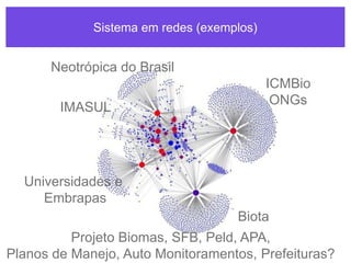 Sistema em redes (exemplos)
IMASUL
ICMBio
ONGs
Neotrópica do Brasil
Biota
Universidades e
Embrapas
Projeto Biomas, SFB, Peld, APA,
Planos de Manejo, Auto Monitoramentos, Prefeituras?
 