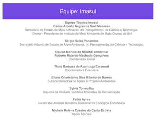 Equipe: Imasul
Equipe Técnica Imasul
Carlos Alberto Negreiros Said Menezes
Secretário de Estado de Meio Ambiente, do Planejamento, da Ciência e Tecnologia,
Diretor - Presidente do Instituto de Meio Ambiente de Mato Grosso do Sul
Sérgio Seiko Yonamine
Secretário Adjunto de Estado de Meio Ambiente, do Planejamento, da Ciência e Tecnologia.
Equipe técnica do NEMAE ambiental
Roberto Ricardo Machado Gonçalves
Coordenador Geral
Thais Barbosa de Azambuja Caramori
Coordenadora Executiva
Eliane Crisóstomo Dias Ribeiro de Barros
Subcoordenadora de Ações e Projetos Ambientais
Sylvia Torrecilha
Gestora da Unidade Temática Unidades de Conservação
Fabio Ayres
Gestor da Unidade Temática Zoneamento Ecológico Econômico
Michele Helena Caseiro do Canto Estrela
Apoio Técnico
 