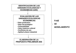 IDENTIFICACION DE LAS
UNIDADES ECOLOGICAS Y
ECONOMICAS (UEE)
EVALUACION DE LAS
UNIDADES ECOLOGICAS
ECONOMICAS:
- Valor productivo
- Valor bio-ecológico
- Vulnerabilidad
- Valor histórico cultural
- Conflictos de uso
- Aptitud urbano industrial
ELABORACIÓN DE LA
PROPUESTA PRELIMINAR ZEE
FASE
DE
MODELAMIENTO
 