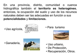 En una provincia, distrito, comunidad o cuenca
hidrográfica también el territorio es heterogéneo,
entonces, la ocupación del suelo y uso de los recursos
naturales deben ser las adecuadas en función a sus
potencialidades y limitaciones.
•Uso agrícola,
•Ganadería,
• Para turismo
• Uso urbano,
• De Protección,
• Recuperación, Otros.
 
