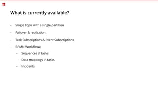 What is currently available?
- Single Topic with a single partition
- Failover & replication
- Task Subscriptions & Event Subscriptions
- BPMN Workflows:
- Sequences of tasks
- Data mappings in tasks
- Incidents
 