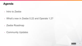 4
Agenda
• Intro to Zeebe
• What’s new in Zeebe 0.22 and Operate 1.2?
• Zeebe Roadmap
• Community Updates
 