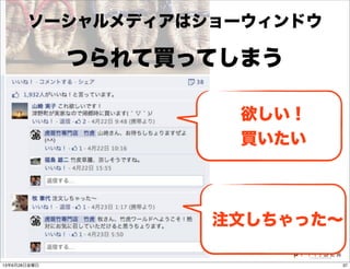 注文しちゃった∼
欲しい！
買いたい
ソーシャルメディアはショーウィンドウ
つられて買ってしまう
3713年6月28日金曜日
 