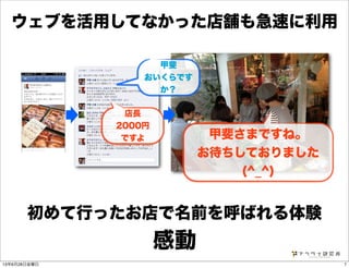 店長
2000円
ですよ 甲斐さまですね。
お待ちしておりました
(^_^)
甲斐
おいくらです
か？
初めて行ったお店で名前を呼ばれる体験
感動
ウェブを活用してなかった店舗も急速に利用
713年6月28日金曜日
 