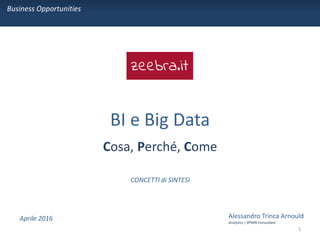 BI e Big Data
Cosa, Perché, Come
Business Opportunities
Alessandro Trinca Arnould
Analytics| BPMN Consultant
1
CONCETTI di SINTESI
Aprile 2016
 