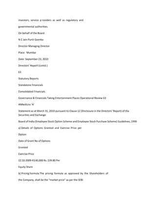 investors, service p roviders as well as regulatory and

governmental authorities.

On behalf of the Board

N C Jain Punit Goenka

Director Managing Director

Place: Mumbai

Date: September 23, 2010

Directors’ Report (contd.)

63

Statutory Reports

Standalone Financials

Consolidated Financials

Governance & Financials Taking Entertainment Places Operational Review 63

ANNeXUre ‘A’

Statement as at March 31, 2010 pursuant to Clause 12 (Disclosure in the Directors’ Report) of the
Securities and Exchange

Board of India (Employee Stock Option Scheme and Employee Stock Purchase Scheme) Guidelines, 1999

a) Details of Options Granted and Exercise Price per

Option

Date of Grant No of Options

Granted

Exercise Price

22.10.2009 43,40,000 Rs. 239.80 Per

Equity Share

b) Pricing Formula The pricing formula as approved by the Shareholders of

the Company, shall be the “market price” as per the SEBI
 
