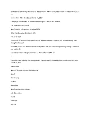 to the Board confirming satisfaction of the conditions of their being independent as laid down in Clause
49.

Composition of the Board as on March 31, 2010

Category of Directors No. of Directors Percentage to Total No. of Directors

Executive Director(s) 1 10%

Non-Executive Independent Directors 6 60%

Other Non-Executive Directors 3 30%

TOTAL 10 100%

 Particulars of Directors, their attendance at the Annual General Meeting and Board Meetings held
during the financial

year 2009-10 and also their other directorships held in Public Companies (excluding Foreign Companies
and Section 25

Zee Entertainment Enterprises Limited | Annual Report 2009-10

71

Companies) and membership of other Board Committees (excluding Remuneration Committee) as at
March 31, 2010

are as under:

Name of Director Category Attendance at

No. of

Directorship

of other

companies

No. of memberships of Board

Sub- Committees

Board

Meetings

(Total 9
 