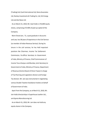 (Trading) Ltd, Essel International Ltd, Rama Associates

Ltd, Rankey Investments & Trading Co. Ltd, Siti Energy

Ltd and Zee News Ltd.

 As on March 31, 2010, Mr. Goel holds 1,753,000 equity

shares, comprising of 0.40% of paid up capital of the

Company.

 Nemi Chand Jain, 71, a post graduate in Accounts

and Law, has 38 years of experience in the Civil Service

(as member of Indian Revenue Service). During his

tenure in the civil services, he has held important

positions like Chairman, Income Tax Settlement

Commission, Ex-officio Secretary to Government

of India, Ministry of Finance, Chief Commissioner of

Income Tax at Kanpur and Mumbai, Joint Secretary to

Government of India, Ministry of Finance, Department

of Revenue (Central Board of Direct Taxes) in-charge

of Tax Planning and Legislation division and Foreign

Tax division. Mr. Jain was instrumental in negotiating

various Double-Taxation Avoidance treaties on behalf

of Government of India.

 Apart from the Company, as at March 31, 2010, Mr.

Jain holds directorships in Superhouse Leather Ltd.,

and Ajanta Manufacturing Ltd.

 As on March 31, 2010, Mr. Jain does not hold any

equity shares in the Company.
 