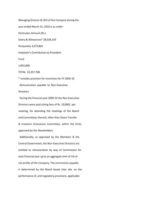 Managing Director & CEO of the Company during the

year ended March 31, 2010 is as under:

Particulars Amount (Rs.)

Salary & Allowances* 28,028,103

Perquisites 3,473,865

Employer’s Contribution to Provident

Fund

1,855,800

TOTAL 33,357,768

* includes provision for incentives for FY 2009-10

 Remuneration payable to Non-Executive

Directors

 During the financial year 2009-10 the Non-Executive

Directors were paid sitting fees of Rs. 10,000/- per

meeting, for attending the meetings of the Board

and Committees thereof, other than Share Transfer

& Investors Grievances Committee, within the limits

approved by the Shareholders.

 Additionally, as approved by the Members & the

Central Government, the Non-Executive Directors are

entitled to remuneration by way of Commission for

each financial year up to an aggregate limit of 1% of

net profits of the Company. The commission payable

is determined by the Board based inter alia on the

performance of, and regulatory provisions, applicable
 