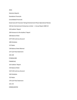 2010.

Statutory Reports

Standalone Financials

Consolidated Financials

Governance & Financials Taking Entertainment Places Operational Review

102 Zee Entertainment Enterprises Limited | Annual Report 2009-10

103 Auditors’ Report

104 Annexure to the Auditors’ Report

106 Balance Sheet

107 Profit and Loss Account

108 Schedules

117 Notes

136 Balance Sheet Abstract

137 Cash Flow Statement

103-138

STANDALONE

FINANCIALS

141 Auditors’ Report

142 Balance Sheet

143 Profit and Loss Account

144 Schedules

152 Notes

170 Cash Flow Statement

141-172

CONSOLIDATED
 
