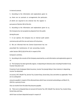 in internal controls.

5. According to the information and explanations given to

us, there are no contracts or arrangements the particulars

of which are required to be entered into the register in

pursuance of Section 301 of the Act.

6. According to the information and explanations given to us,

the Company has not accepted any deposits from the public

during the year.

7. In our opinion, the Company has an internal audit system

commensurate with the size and nature of its business.

8. We are informed that the Central Government has not

prescribed the maintenance of cost accounting records

under Section 209 (1) (d) of the Act in respect of the

Company’s activities.

9. According to the records of the Company examined by us and information and explanations given to
us:

a) The Company has been generally regular, in depositing its Statutory dues including Provident Fund,
Investor Education and

Protection Fund, Employees State Insurance, Income Tax (except delay in few instances in depositing
Income Tax deducted

at source), VAT, Wealth Tax, Service Tax, Custom Duty, Excise Duty, Cess and others as applicable. There
are no undisputed

amounts payable in respect of the aforesaid dues which have remained outstanding as at March 31,
2010 for a period of more

than six months from the date they became payable.

b) There are no disputed dues on account of Income Tax, VAT, Wealth Tax, Service Tax, Custom Duty,
Excise Duty and Cess,

which have not been deposited except in respect of:
 