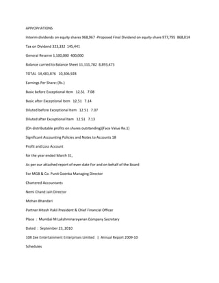 APPrOPrIATIONS

Interim dividends on equity shares 968,967 -Proposed Final Dividend on equity share 977,795 868,014

Tax on Dividend 323,332 145,441

General Reserve 1,100,000 400,000

Balance carried to Balance Sheet 11,111,782 8,893,473

TOTAL 14,481,876 10,306,928

Earnings Per Share: (Rs.)

Basic before Exceptional Item 12.51 7.08

Basic after Exceptional Item 12.51 7.14

Diluted before Exceptional Item 12.51 7.07

Diluted after Exceptional Item 12.51 7.13

(On distributable profits on shares outstanding)(Face Value Re.1)

Significant Accounting Policies and Notes to Accounts 18

Profit and Loss Account

for the year ended March 31,

As per our attached report of even date For and on behalf of the Board

For MGB & Co. Punit Goenka Managing Director

Chartered Accountants

Nemi Chand Jain Director

Mohan Bhandari

Partner Hitesh Vakil President & Chief Financial Officer

Place : Mumbai M Lakshminarayanan Company Secretary

Dated : September 23, 2010

108 Zee Entertainment Enterprises Limited | Annual Report 2009-10

Schedules
 