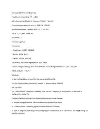 Selling and Distribution Expenses

Freight and Forwarding 775 3,416

Advertisement and Publicity Expenses 556,887 584,699

Commission on sales and services 225,318 251,001

Business Promotion Expenses 850,510 1,103,651

TOTAL 1,633,490 1,942,767

SChEDuLE - 17

Financial Expenses

Interest on

- Fixed Loan 64,547 148,848

- Bonds 1,256 1,075

- Others 61,126 122,505

Discounting and Financing Expenses 518 2,625

Loss on Foreign Exchange derivative contracts and exchange difference 47,807 503,684

TOTAL 175,254 778,737

Schedules

to the Profit and Loss Account for the year ended March 31,

116 Zee Entertainment Enterprises Limited | Annual Report 2009-10

bACkgrOuND

Zee Entertainment Enterprises Limited (“ZEEL” or “the Company”) is incorporated in the State of
Maharashtra, India. The

Company has been mainly in the following businesses during the year:

a) Broadcasting of Satellite Television Channels uplinked from India;

b) Advertisement canvassing agent for other television channels;

c) Sale of programs including movies and program feeds mainly to its subsidiaries for broadcasting on
satellite television
 