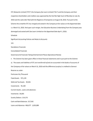 ETC Networks Limited (“ETC”) the Company Zee Learn Limited (“ZLL”) and the Company and their

respective shareholders and creditors was approved by the Hon’ble High Court of Mumbai on July 16,

2010 and the said order filed with the Registrar of Companies on August 30, 2010. Pursuant to the

Scheme the erstwhile ETC has merged and vested in the Company at fair values on the Appointed date

i.e. March 31, 2010. And upon such merger, the Education Business Undertaking from the Company was

demerged and vested with Zee Learn Limited on the Appointed Date April 1, 2010.

Schedule

Significant Accounting Policies and Notes to Accounts

121

Standalone Financials

Consolidated Financials

Governance & Financials Taking Entertainment Places Operational Review

ii. The Scheme has been given effect in these financial statements and in pursuant to the Scheme

a) The assets and liabilities of ETC are transferred to/and are accounted in the books of accounts of

the Company at fair values on March 31, 2010 and the difference (surplus) is credited to General

Reserve as under:

Particulars Rs./Thousand

Fixed Assets 971,139

Deferred Tax Assets 49,301

Investments 95,100

Current Assets , Loans and advances:

Inventories 34,695

Sundry Debtors 214,175

Cash and Bank Balances 317,542

Loans and Advances 466,677 1,033,089
 