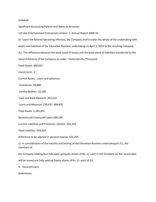 Schedule

Significant Accounting Policies and Notes to Accounts

122 Zee Entertainment Enterprises Limited | Annual Report 2009-10

b) Upon the Scheme becoming effective, the Company shall transfer the whole of the undertaking with

assets and liabilities of the Education Business undertaking on April 1, 2010 to the resulting Company

ZLL. The difference between the book value of assets and the book value of liabilities transferred to the

General Reserve of the Company as under :-Particulars Rs./Thousand

Fixed Assets 800,655

Investments 5

Current Assets , Loans and advances:

Inventories 29,088

Sundry Debtors 12,100

Cash and Bank Balances 207,010

Loans and Advances 236,637 484,835

Total Assets 1,285,495

Secured and Unsecured Loans 500,190

Current Liabilities and Provisions 154,012 654,202

Total Liabilities 654,202

Difference to be adjuted in general reserve 631,293

c) In consideration of the transfer and vesting of the Education Business undertaking to ZLL, the
members of

the Company holding four fully paid up Equity shares of Re. 1/- each in the Company on the record date

will be issued one fully paid up Equity shares of Rs. 1/- each of ZLL.

4. Secured Loans

Debentures
 