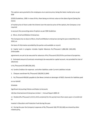 The options were granted to the employees at an exercise price, being the latest market price as per
SEBI

(ESOS) Guidelines, 1999. In view of this, there being no intrinsic value on the date of grant (being the
excess

of market price of share under the Scheme over the exercise price of the option), the Company is not
required

to account the accounting value of options as per SEBI Guidelines

j) Micro, Small and Medium Enterprises:

The Company has no dues to Micro, Small and Medium enterprises during the year ended March 31,
2010, on

the basis of information provided by the parties and available on record.

k) Capital work in progress includes Capital Advances Rs./Thousand 1,086,506 (183,249).
Enforceable

agreements are yet to be executed for advances of Rs./Thousand 239,370 for purchase of properties.

l) Estimated amount of contracts remaining to be executed on capital account, not provided for (net of
advances)

is Rs./Thousand 247,489 (266,181).

m) Sundry Creditors for expenses and other liabilities under Current Liabilities include

1. Cheques overdrawn Rs./Thousand 128,038 (11,844)

2. Rs./Thousand 494,061 payable to Zee News Limited on demerger of RGEC channels for liabilities paid

on our behalf.

Schedule

Significant Accounting Policies and Notes to Accounts

126 Zee Entertainment Enterprises Limited | Annual Report 2009-10

n) Dividend Rs./Thousand 1,213 (1,315) unclaimed for the period more than seven years is transferred
to

Investor’s Education and Protection Fund during the year.

o) During the year the Company’s expenses of Rs./Thousand 166,797 (63,160) are shared by other
related party,
 