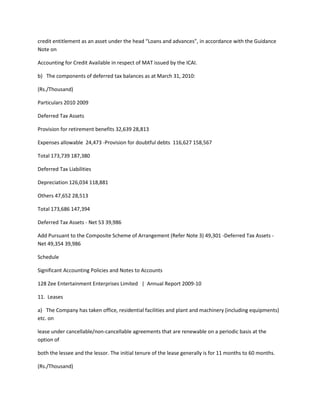 credit entitlement as an asset under the head “Loans and advances”, in accordance with the Guidance
Note on

Accounting for Credit Available in respect of MAT issued by the ICAI.

b) The components of deferred tax balances as at March 31, 2010:

(Rs./Thousand)

Particulars 2010 2009

Deferred Tax Assets

Provision for retirement benefits 32,639 28,813

Expenses allowable 24,473 -Provision for doubtful debts 116,627 158,567

Total 173,739 187,380

Deferred Tax Liabilities

Depreciation 126,034 118,881

Others 47,652 28,513

Total 173,686 147,394

Deferred Tax Assets - Net 53 39,986

Add Pursuant to the Composite Scheme of Arrangement (Refer Note 3) 49,301 -Deferred Tax Assets -
Net 49,354 39,986

Schedule

Significant Accounting Policies and Notes to Accounts

128 Zee Entertainment Enterprises Limited | Annual Report 2009-10

11. Leases

a) The Company has taken office, residential facilities and plant and machinery (including equipments)
etc. on

lease under cancellable/non-cancellable agreements that are renewable on a periodic basis at the
option of

both the lessee and the lessor. The initial tenure of the lease generally is for 11 months to 60 months.

(Rs./Thousand)
 