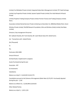 Limited; Fun Multiplex Private Limited; Integrated Subscribers Management Limited; ITX Trade Exchange

Limited; Jay Properties Private Limited; Jayneer Capital Private Limited; Pan India Network Infravest
Private

Limited; Prajatma Trading Company Private Limited; Premier Finance and Trading Company Limited;
Rama

Associates Limited; Remed Services Private Limited (up to December 31, 2009);Real Media FZLLC, Smart

Wireless Private Limited; TALEEM Research Foundation; Wire and Wireless (India) Limited; Zee News
Limited;

Directors / key management Personnel

Mr. Subhash Chandra, Mr. Punit Goenka, Mr. Laxmi Narain Goel, Mr. Ashok Kurien.

(iv) Transactions with related Parties

(Rs./Thousand)

Sr.

No.

Particulars 2010 2009

Amount Amount

A) Fixed Assets / Capital work in progress

Assets Purchased during the year

Associates - 497

b) Investments

Subsidiaries

Balance as at April 1 12,614,923 12,613,773

Cancellation pursuant to the Scheme of Arrangement (Refer Note 3) 271,975 -Purchased/ adjusted
during the year - 1,150

Balance as at March 31, 12,342,948 12,614,923

Other Related Parties

Balance as at April 1, 1,533 1,533
 