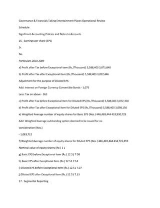 Governance & Financials Taking Entertainment Places Operational Review

Schedule

Significant Accounting Policies and Notes to Accounts

16. Earnings per share (EPS)

Sr.

No.

Particulars 2010 2009

a) Profit after Tax before Exceptional Item (Rs./Thousand) 5,588,403 3,071,640

b) Profit after Tax after Exceptional Item (Rs./Thousand) 5,588,403 3,097,446

Adjustment for the purpose of Diluted EPS:

Add: Interest on Foreign Currency Convertible Bonds - 1,075

Less: Tax on above - 365

c) Profit after Tax before Exceptional Item for Diluted EPS (Rs./Thousand) 5,588,403 3,072,350

d) Profit after Tax after Exceptional Item for Diluted EPS (Rs./Thousand) 5,588,403 3,098,156

e) Weighted Average number of equity shares for Basic EPS (Nos.) 446,469,444 433,930,729

Add: Weighted Average outstanding option deemed to be issued for no

consideration (Nos.)

- 1,083,712

f) Weighted Average number of equity shares for Diluted EPS (Nos.) 446,469,444 434,726,859

Nominal value of equity shares (Re.) 1 1

g) Basic EPS before Exceptional Item (Rs.) 12.51 7.08

h) Basic EPS after Exceptional Item (Rs.) 12.51 7.14

i) Diluted EPS before Exceptional Item (Rs.) 12.51 7.07

j) Diluted EPS after Exceptional Item (Rs.) 12.51 7.13

17. Segmental Reporting
 