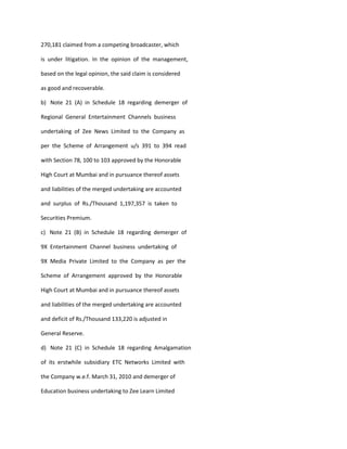 270,181 claimed from a competing broadcaster, which

is under litigation. In the opinion of the management,

based on the legal opinion, the said claim is considered

as good and recoverable.

b) Note 21 (A) in Schedule 18 regarding demerger of

Regional General Entertainment Channels business

undertaking of Zee News Limited to the Company as

per the Scheme of Arrangement u/s 391 to 394 read

with Section 78, 100 to 103 approved by the Honorable

High Court at Mumbai and in pursuance thereof assets

and liabilities of the merged undertaking are accounted

and surplus of Rs./Thousand 1,197,357 is taken to

Securities Premium.

c) Note 21 (B) in Schedule 18 regarding demerger of

9X Entertainment Channel business undertaking of

9X Media Private Limited to the Company as per the

Scheme of Arrangement approved by the Honorable

High Court at Mumbai and in pursuance thereof assets

and liabilities of the merged undertaking are accounted

and deficit of Rs./Thousand 133,220 is adjusted in

General Reserve.

d) Note 21 (C) in Schedule 18 regarding Amalgamation

of its erstwhile subsidiary ETC Networks Limited with

the Company w.e.f. March 31, 2010 and demerger of

Education business undertaking to Zee Learn Limited
 