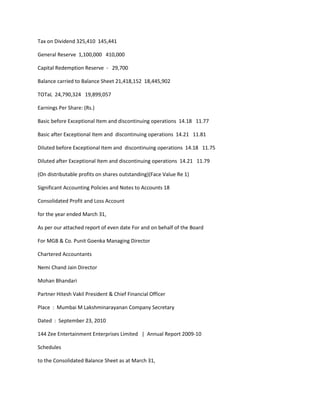 Tax on Dividend 325,410 145,441

General Reserve 1,100,000 410,000

Capital Redemption Reserve - 29,700

Balance carried to Balance Sheet 21,418,152 18,445,902

TOTaL 24,790,324 19,899,057

Earnings Per Share: (Rs.)

Basic before Exceptional Item and discontinuing operations 14.18 11.77

Basic after Exceptional Item and discontinuing operations 14.21 11.81

Diluted before Exceptional Item and discontinuing operations 14.18 11.75

Diluted after Exceptional Item and discontinuing operations 14.21 11.79

(On distributable profits on shares outstanding)(Face Value Re 1)

Significant Accounting Policies and Notes to Accounts 18

Consolidated Profit and Loss Account

for the year ended March 31,

As per our attached report of even date For and on behalf of the Board

For MGB & Co. Punit Goenka Managing Director

Chartered Accountants

Nemi Chand Jain Director

Mohan Bhandari

Partner Hitesh Vakil President & Chief Financial Officer

Place : Mumbai M Lakshminarayanan Company Secretary

Dated : September 23, 2010

144 Zee Entertainment Enterprises Limited | Annual Report 2009-10

Schedules

to the Consolidated Balance Sheet as at March 31,
 