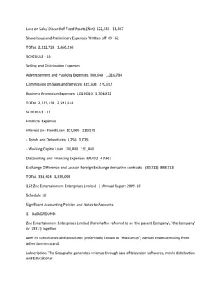 Loss on Sale/ Discard of Fixed Assets (Net) 122,181 11,467

Share Issue and Preliminary Expenses Written off 49 62

TOTaL 2,112,728 1,860,230

SCHEDULE - 16

Selling and Distribution Expenses

Advertisement and Publicity Expenses 980,640 1,016,734

Commission on Sales and Services 335,508 270,012

Business Promotion Expenses 1,019,010 1,304,872

TOTaL 2,335,158 2,591,618

SCHEDULE - 17

Financial Expenses

Interest on - Fixed Loan 107,969 210,575

- Bonds and Debentures 1,256 1,075

- Working Capital Loan 188,488 191,048

Discounting and Financing Expenses 64,402 47,667

Exchange Difference and Loss on Foreign Exchange derivative contracts (30,711) 888,733

TOTaL 331,404 1,339,098

152 Zee Entertainment Enterprises Limited | Annual Report 2009-10

Schedule 18

Significant Accounting Policies and Notes to Accounts

1. BaCkGROUND:

Zee Entertainment Enterprises Limited (hereinafter referred to as `the parent Company’, `the Company’
or `ZEEL’) together

with its subsidiaries and associates (collectively known as “the Group”) derives revenue mainly from
advertisements and

subscription. The Group also generates revenue through sale of television softwares, movie distribution
and Educational
 