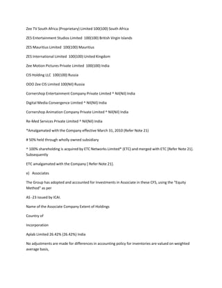 Zee TV South Africa (Proprietary) Limited 100(100) South Africa

ZES Entertainment Studios Limited 100(100) British Virgin Islands

ZES Mauritius Limited 100(100) Mauritius

ZES International Limited 100(100) United Kingdom

Zee Motion Pictures Private Limited 100(100) India

CIS Holding LLC 100(100) Russia

OOO Zee CIS Limited 100(Nil) Russia

Cornershop Entertainment Company Private Limited ^ Nil(Nil) India

Digital Media Convergence Limited ^ Nil(Nil) India

Cornershop Animation Company Private Limited ^ Nil(Nil) India

Re-Med Services Private Limited ^ Nil(Nil) India

*Amalgamated with the Company effective March 31, 2010 (Refer Note 21)

# 50% held through wholly owned subsidiary

^ 100% shareholding is acquired by ETC Networks Limited* (ETC) and merged with ETC [Refer Note 21].
Subsequently

ETC amalgamated with the Company [ Refer Note 21].

e) Associates

The Group has adopted and accounted for Investments in Associate in these CFS, using the “Equity
Method” as per

AS -23 issued by ICAI.

Name of the Associate Company Extent of Holdings

Country of

Incorporation

Aplab Limited 26.42% (26.42%) India

No adjustments are made for differences in accounting policy for inventories are valued on weighted
average basis,
 