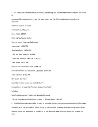 i. The assets and liabilities of RGEC Business Undertakings are transferred to and recorded in the books
of

accounts of Company at their respective book values and the difference (surplus) is credited to
Securities

Premium account as under:

Particulars Rs./Thousand

Fixed Assets 63,897

Deferred Tax Assets 25,952

Current assets , Loans and advances:

Inventories 1,681,356

Sundry Debtors 1,251,107

Cash and Bank Balances 86,664

Loans and Advances 546,324 3,565,451

Total assets 3,655,300

Secured and Unsecured Loans 1,144,371

Current Liabilities and Provisions 1,263,095 2,407,466

Total Liabilities 2,407,466

Net assets 1,247,834

Less: Shares to be issued and alloted 50,477

Surplus taken to Securities Premium account 1,197,357

Schedule

Significant Accounting Policies and Notes to Accounts

158 Zee Entertainment Enterprises Limited | Annual Report 2009-10

ii. 50,476,622 equity shares of Re 1/- each at par to be allotted to the equity share holders of Zee News

Limited (ZNL)in the ratio of Four equity shares of the Company for every Nineteen equity shares of ZNL.

Pending issue and allotment of shares as at the balance sheet date Rs./Thousand 50,477 has
been
 
