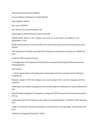 Secured and Unsecured Loans 600,477

Current Liabilities and Provisions 41,930 642,407

Total Liabilities 642,407

Net assets (133,079)

Less: Shares to be issued and alloted 141

Surplus taken to General Reserve account (133,220)

140,845 Equity Shares of Re 1 (Rupee one) each are to be issued and allotted to the
shareholders of 9X

Media Private Limited as on June 30, 2010 in the ratio of One equity share of the Company for every
Seventy

One Equity Shares of Rs.10/- each held in 9X. Pending issue and allotment of shares, Rs. 140,845 has
been

credited to Share Suspense Account

C) Amalgamation of ETC Networks Limited with the Company and Demerger of Education Business
Undertaking from

the Company:

i. The Composite Scheme of Amalgamation and Arrangement (“the composite scheme”) between
erstwhile ETC

Networks Limited (“ETC”) the Company Zee Learn Limited (“ZLL”) and the Company and their
respective

shareholders and creditors was approve by the Hon’ble High Court of Mumbai on July 16, 2010 and the
said

order filed with the Registrar of Companies on August 30, 2010. Pursuant to the Scheme the erstwhile
ETC has

merged and vested in the Company at fair values on the Appointed date i.e. March 31, 2010. And upon
such

merger, the Education Business Undertaking from the Company was demerged and vested with Zee
Learn

Limited on the Appointed Date April 1, 2010.
 