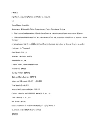 Schedule

Significant Accounting Policies and Notes to Accounts

159

Consolidated Financials

Governance & Financials Taking Entertainment Places Operational Review

ii. The Scheme has been given effect in these financial statements and in pursuant to the Scheme

a) The assets and liabilities of ETC are transferred to/and are accounted in the books of accounts of the
Company

at fair values on March 31, 2010 and the difference (surplus) is credited to General Reserve as under:

Particulars Rs./Thousand

Fixed Assets 971,139

Deferred Tax Assets 49,301

Investments 95,100

Current Assets , Loans and advances:

Inventories 34,695

Sundry Debtors 214,175

Cash and Bank Balances 317,542

Loans and Advances 466,677 1,033,089

Total assets 2,148,629

Secured and Unsecured Loans 935,119

Current Liabilities and Provisions 432,607 1,367,726

Total Liabilities 1,367,726

Net assets 780,903

Less: Cancellation of Investments 4,889,584 Equity shares of

Rs.10 each held in ETC Networks Limited

271,975
 
