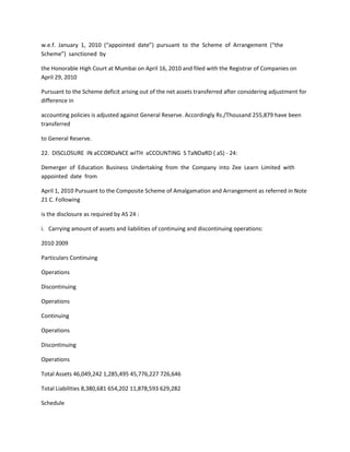 w.e.f. January 1, 2010 (“appointed date”) pursuant to the Scheme of Arrangement (“the
Scheme”) sanctioned by

the Honorable High Court at Mumbai on April 16, 2010 and filed with the Registrar of Companies on
April 29, 2010

Pursuant to the Scheme deficit arising out of the net assets transferred after considering adjustment for
difference in

accounting policies is adjusted against General Reserve. Accordingly Rs./Thousand 255,879 have been
transferred

to General Reserve.

22. DISCLOSURE IN aCCORDaNCE wITH aCCOUNTING S TaNDaRD ( aS) - 24:

Demerger of Education Business Undertaking from the Company into Zee Learn Limited with
appointed date from

April 1, 2010 Pursuant to the Composite Scheme of Amalgamation and Arrangement as referred in Note
21 C. Following

is the disclosure as required by AS 24 :

i. Carrying amount of assets and liabilities of continuing and discontinuing operations:

2010 2009

Particulars Continuing

Operations

Discontinuing

Operations

Continuing

Operations

Discontinuing

Operations

Total Assets 46,049,242 1,285,495 45,776,227 726,646

Total Liabilities 8,380,681 654,202 11,878,593 629,282

Schedule
 