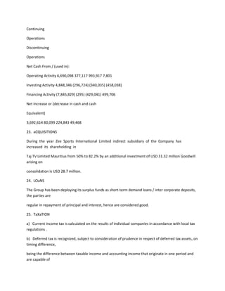 Continuing

Operations

Discontinuing

Operations

Net Cash From / (used in):

Operating Activity 6,690,098 377,117 993,917 7,801

Investing Activity 4,848,346 (296,724) (340,035) (458,038)

Financing Activity (7,845,829) (295) (429,041) 499,706

Net Increase or (decrease in cash and cash

Equivalent)

3,692,614 80,099 224,843 49,468

23. aCQUISITIONS

During the year Zee Sports International Limited indirect subsidiary of the Company has
increased its shareholding in

Taj TV Limited Mauritius from 50% to 82.2% by an additional investment of USD 31.32 million Goodwill
arising on

consolidation is USD 28.7 million.

24. LOaNS

The Group has been deploying its surplus funds as short-term demand loans / inter corporate deposits,
the parties are

regular in repayment of principal and interest, hence are considered good.

25. TaXaTION

a) Current income tax is calculated on the results of individual companies in accordance with local tax
regulations .

b) Deferred tax is recognized, subject to consideration of prudence in respect of deferred tax assets, on
timing difference,

being the difference between taxable income and accounting income that originate in one period and
are capable of
 