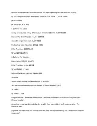 reversal in one or more subsequent periods and measured using tax rates and laws enacted.

c) The components of the deferred tax balances as on March 31, are as under:

(Rs./Thousand)

Sr. Particulars 2010 2009

i. Deferred Tax assets

Arising on account of timing differences in Retirement Benefit 39,280 33,080

Provision for doubtful debts 213,323 238,962

Allowable on payment basis 29,690 4,562

Unabsorbed fiscal allowances 27,622 4,631

Other Provisions 13,997 6,679

TOTaL 323,912 287,914

ii. Deferred Tax Liabilities

Depreciation 144,279 146,574

Other Provisions 46,984 28,512

TOTaL 191,263 175,086

Deferred Tax Assets (Net) 132,649 112,828

Schedule

Significant Accounting Policies and Notes to Accounts

162 Zee Entertainment Enterprises Limited | Annual Report 2009-10

26. LEaSES

a) Finance Lease:

Long-term leases , which in economic terms constitute investments financed on a long-term basis
(finance lease) are

recognized as assets and recorded under tangible fixed assets at their cash purchase value . The
minimum lease

payments required under this finance lease that have initially or remaining non cancellable lease terms
in excess of
 