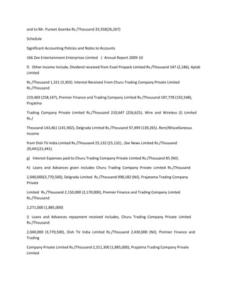 and to Mr. Puneet Goenka Rs./Thousand 33,358(26,267)

Schedule

Significant Accounting Policies and Notes to Accounts

166 Zee Entertainment Enterprises Limited | Annual Report 2009-10

f) Other Income Include, Dividend received from Essel Propack Limited Rs./Thousand 547 (2,186), Aplab
Limited

Rs./Thousand 1,321 (3,303). Interest Received From Churu Trading Company Private Limited
Rs./Thousand

219,469 (258,147), Premier Finance and Trading Company Limited Rs./Thousand 187,778 (192,548),
Prajatma

Trading Company Private Limited Rs./Thousand 210,647 (256,625), Wire and Wireless (I) Limited
Rs./

Thousand 143,461 (141,902), Delgrada Limited Rs./Thousand 97,499 (139,265). Rent/Miscellaneous
Income

from Dish TV India Limited Rs./Thousand 25,132 (25,132) , Zee News Limited Rs./Thousand
20,441(21,441).

g) Interest Expenses paid to Churu Trading Company Private Limited Rs./Thousand 85 (Nil).

h) Loans and Advances given includes Churu Trading Company Private Limited Rs./Thousand

2,040,000(3,770,500), Delgrada Limited Rs./Thousand 998,182 (Nil), Prajatama Trading Company
Private

Limited Rs./Thousand 2,150,000 (2,170,000), Premier Finance and Trading Company Limited
Rs./Thousand

2,271,000 (1,885,000)

i) Loans and Advances repayment received includes, Churu Trading Company Private Limited
Rs./Thousand

2,040,000 (3,770,500), Dish TV India Limited Rs./Thousand 2,430,000 (Nil), Premier Finance and
Trading

Company Private Limited Rs./Thousand 2,311,300 (1,885,000), Prajatma Trading Company Private
Limited
 