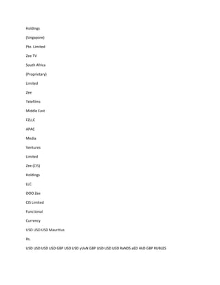 Holdings

(Singapore)

Pte. Limited

Zee TV

South Africa

(Proprietary)

Limited

Zee

Telefilms

Middle East

FZLLC

APAC

Media

Ventures

Limited

Zee (CIS)

Holdings

LLC

OOO Zee

CIS Limited

Functional

Currency

USD USD USD Mauritius

Rs.

USD USD USD USD GBP USD USD yUaN GBP USD USD USD RaNDS aED HkD GBP RUBLES
 