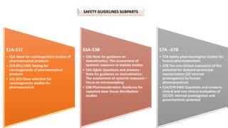 S1A-S1C
• S1A Need for carcinogenicity studies of
pharmaceutical products
• S1B (R1) EWG Testing for
carcinogenicity of pharmaceutical
products
• S1C (R2) Dose selection for
carcinogenicity studies for
pharmaceutical
S3A-S3B
• S3A Note for guidance on
toxicokinetics: The assessment of
systemic exposure in toxicity studies
• S3A Q&As Questions and answers -
Note for guidance on toxicokinetics:
The assessment of systemic exposure –
Focus on microsampling
• S3B Pharmacokinetics: Guidance for
repeated dose tissue distribution
studies
S7A –S7B
• S7A Safety pharmacological studies for
human pharmaceuticals
• S7B The non clinical evaluation of the
potential for delayed ventricular
repolarization (QT interval
prolongation) by human
pharmaceuticals
• E14/S7B EWG Questions and answers:
clinical and non clinical evaluation of
QT/QTc interval prolongation and
proarrhythmic potential
SAFETY GUIDELINES SUBPARTS
 
