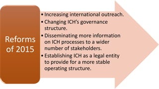 •Increasing international outreach.
•Changing ICH’s governance
structure.
•Disseminating more information
on ICH processes to a wider
number of stakeholders.
•Establishing ICH as a legal entity
to provide for a more stable
operating structure.
Reforms
of 2015
 