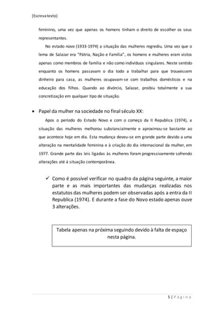 [Escrevatexto]
5 | P á g i n a
feminino, uma vez que apenas os homens tinham o direito de escolher os seus
representantes.
No estado novo (1933-1974) a situação das mulheres regrediu. Uma vez que o
lema de Salazar era “Pátria, Nação e Família”, os homens e mulheres eram vistos
apenas como membros de família e não como indivíduos singulares. Neste sentido
enquanto os homens passavam o dia todo a trabalhar para que trouxessem
dinheiro para casa, as mulheres ocupavam-se com trabalhos domésticos e na
educação dos filhos. Quando ao divórcio, Salazar, proibiu totalmente a sua
concretização em qualquer tipo de situação.
 Papel da mulher na sociedade no final século XX:
Apos o período do Estado Novo e com o começo da II Republica (1974), a
situação das mulheres melhorou substancialmente e aproximou-se bastante ao
que acontece hoje em dia. Esta mudança deveu-se em grande parte devido a uma
alteração na mentalidade feminina e à criação do dia internacional da mulher, em
1977. Grande parte das leis ligadas às mulheres foram progressivamente sofrendo
alterações até á situação contemporânea.
 Como é possível verificar no quadro da página seguinte, a maior
parte e as mais importantes das mudanças realizadas nos
estatutos das mulheres podem ser observadas após a entra da II
Republica (1974). E durante a fase do Novo estado apenas ouve
3 alterações.
Tabela apenas na próxima seguindo devido à falta de espaço
nesta página.
 