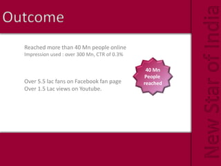 Outcome
NewStarofIndia
Reached more than 40 Mn people online
Impression used : over 300 Mn, CTR of 0.3%
Over 5.5 lac fans on Facebook fan page
Over 1.5 Lac views on Youtube.
40 Mn
People
reached
 