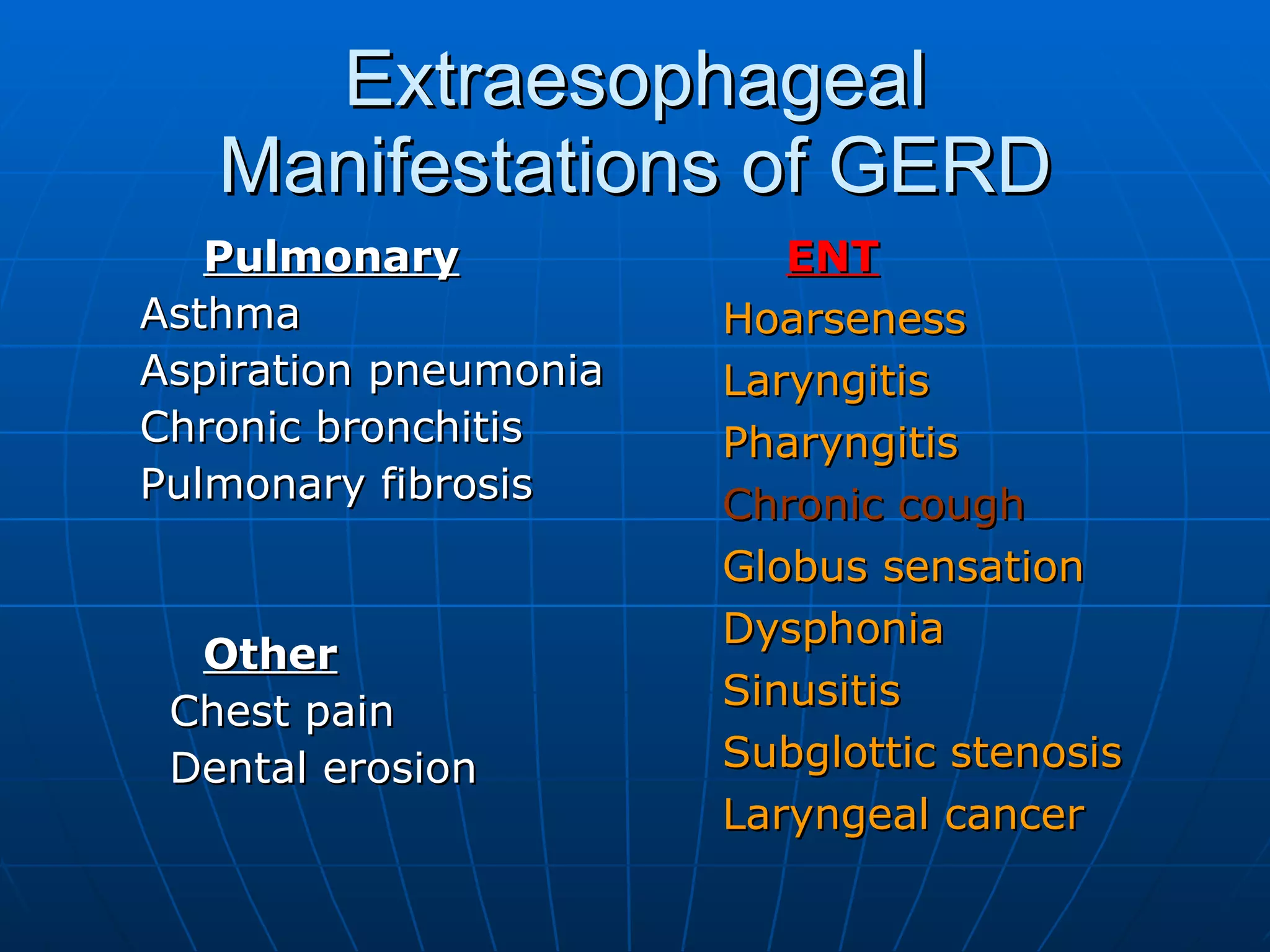 Extraesophageal Manifestations of GERD Pulmonary Asthma Aspiration pneumonia Chronic bronchitis Pulmonary fibrosis Other Chest pain Dental erosion ENT Hoarseness Laryngitis Pharyngitis Chronic cough Globus sensation Dysphonia Sinusitis Subglottic stenosis Laryngeal cancer 