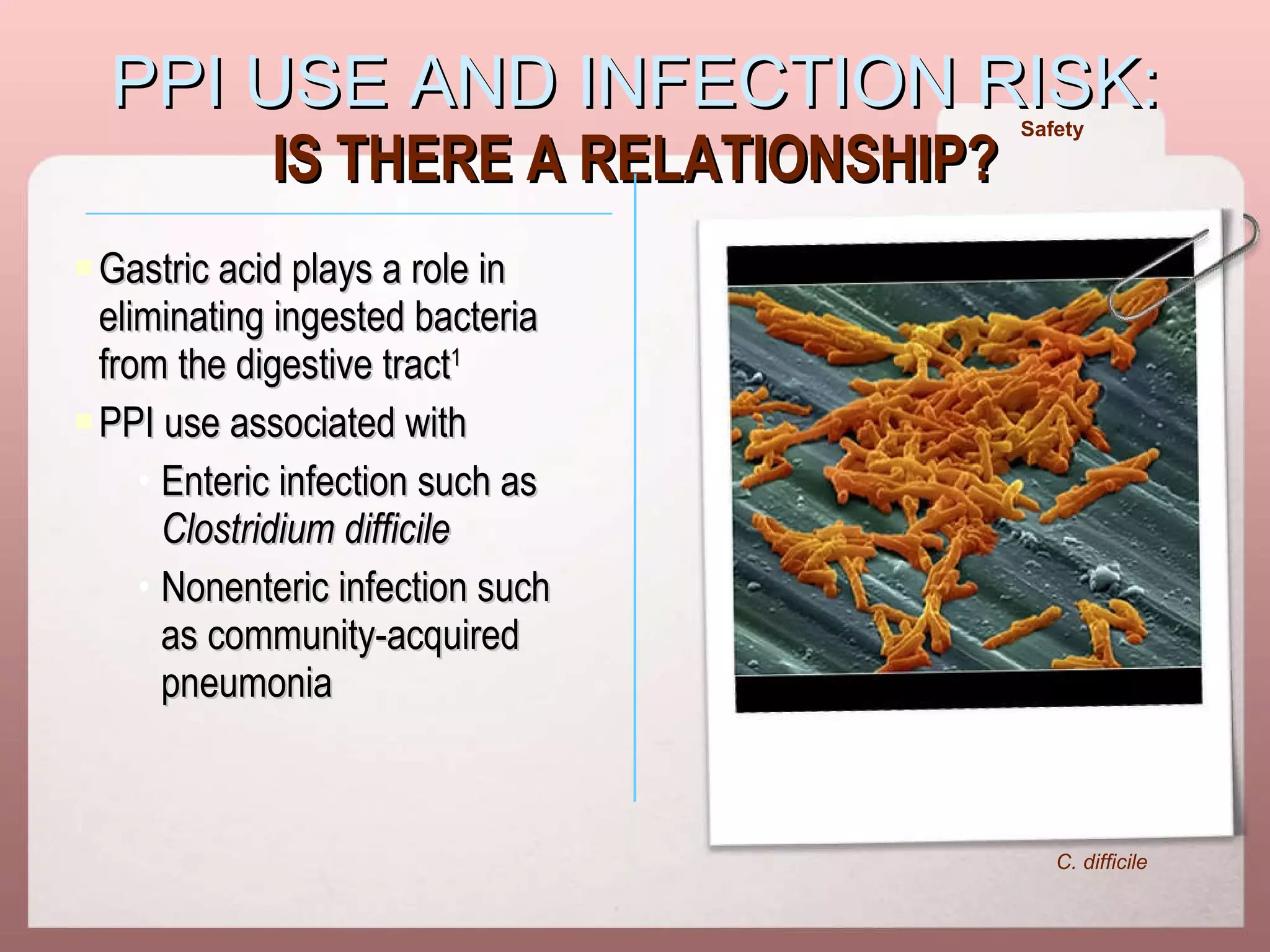 PPI USE AND INFECTION RISK: IS THERE A RELATIONSHIP? Gastric acid plays a role in eliminating ingested bacteria from the digestive tract 1 PPI use associated with Enteric infection such as Clostridium difficile Nonenteric infection such as community-acquired pneumonia C. difficile Safety     