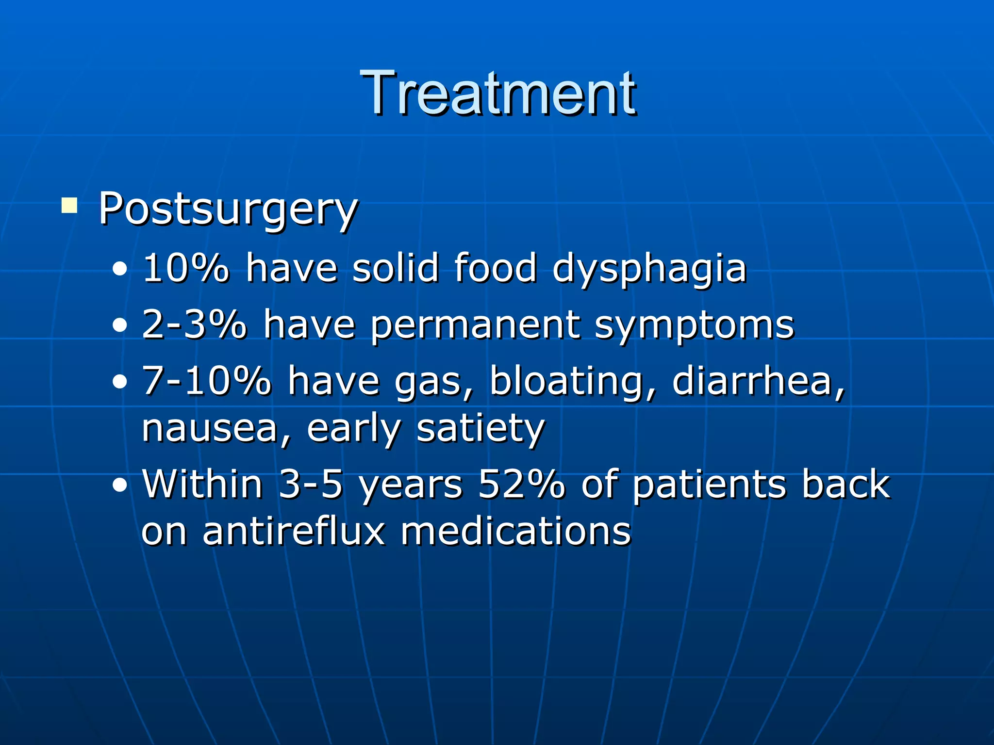Treatment Postsurgery 10% have solid food dysphagia 2-3% have permanent symptoms 7-10% have gas, bloating, diarrhea, nausea, early satiety Within 3-5 years 52% of patients back on antireflux medications 
