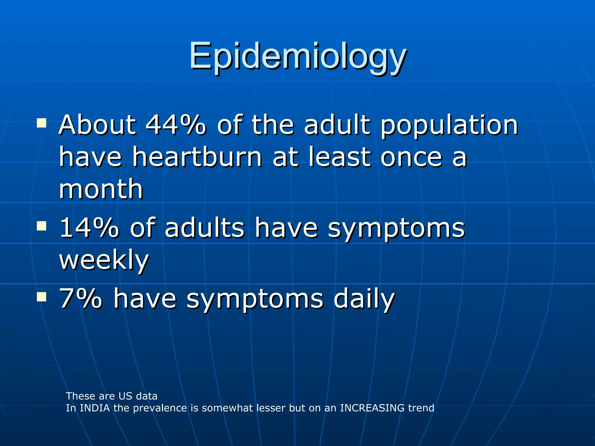 Epidemiology About 44% of the adult population have heartburn at least once a month 14% of adults have symptoms weekly 7% have symptoms daily These are US data In INDIA the prevalence is somewhat lesser but on an INCREASING trend 
