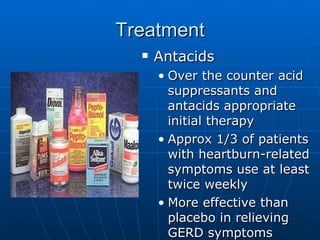 Treatment Antacids Over the counter acid suppressants and antacids appropriate initial therapy Approx 1/3 of patients with heartburn-related symptoms use at least twice weekly More effective than placebo in relieving GERD symptoms 