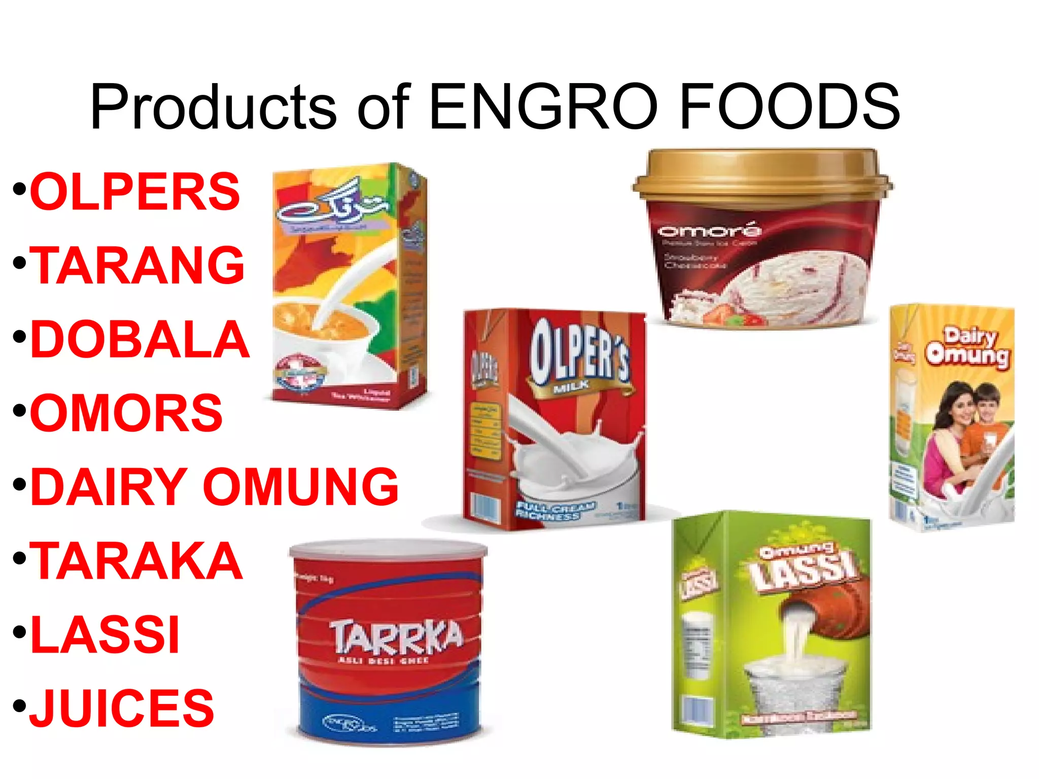 Products of ENGRO FOODS
•OLPERS
•TARANG
•DOBALA
•OMORS
•DAIRY OMUNG
•TARAKA
•LASSI
•JUICES
 