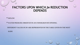 FACTORS UPON WHICH JW REDUCTION
DEPENDS
• INFLOW
• WATERPRESSUREOBSERVEDINANUNDERGROUNDOPENING.
DIFFERENTVALUESOFJWAREREPRESENTEDINTHETABLEGIVENINTHENEXT
SLIDE
 
