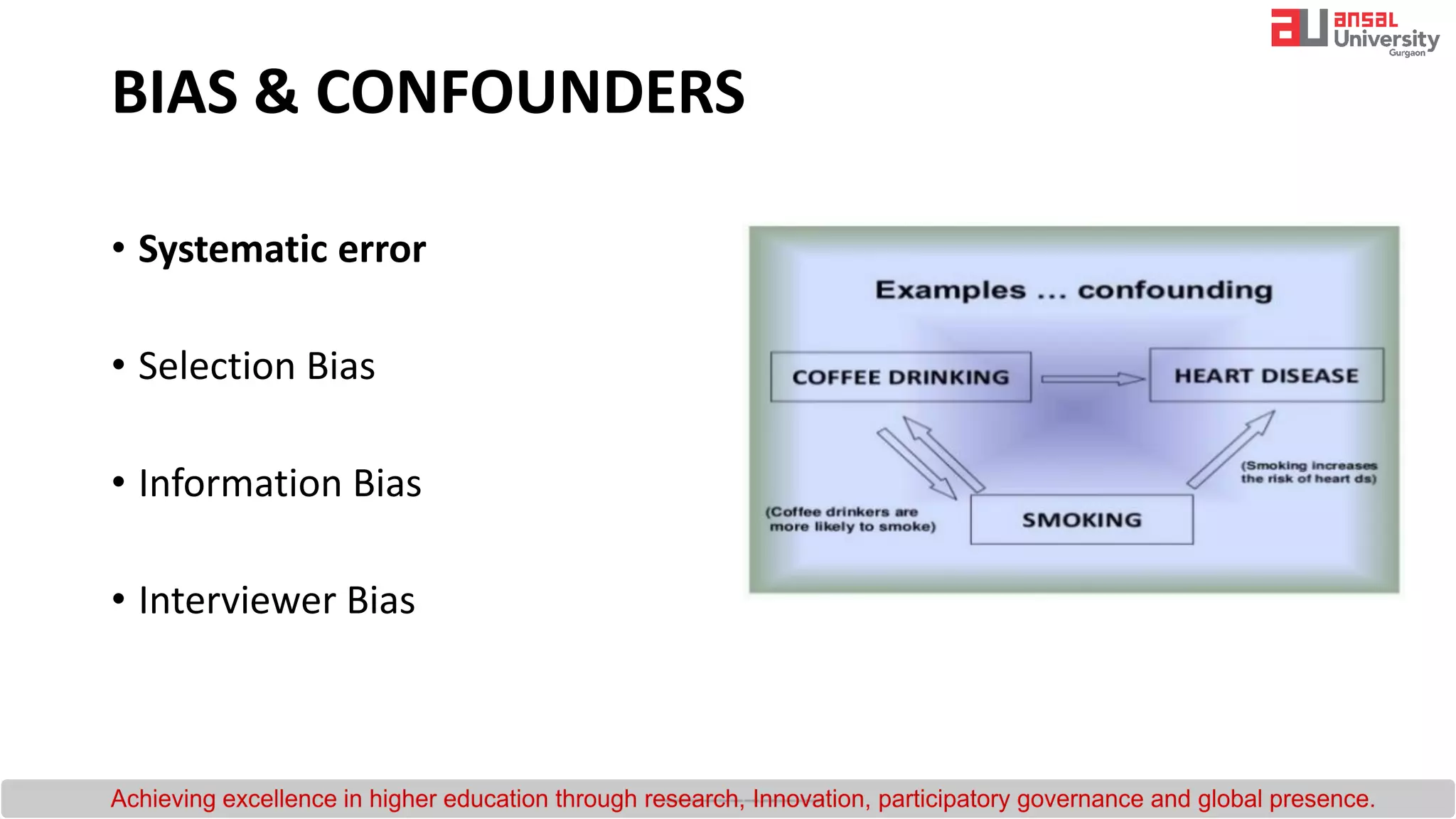 BIAS & CONFOUNDERS
• Systematic error
• Selection Bias
• Information Bias
• Interviewer Bias
 
