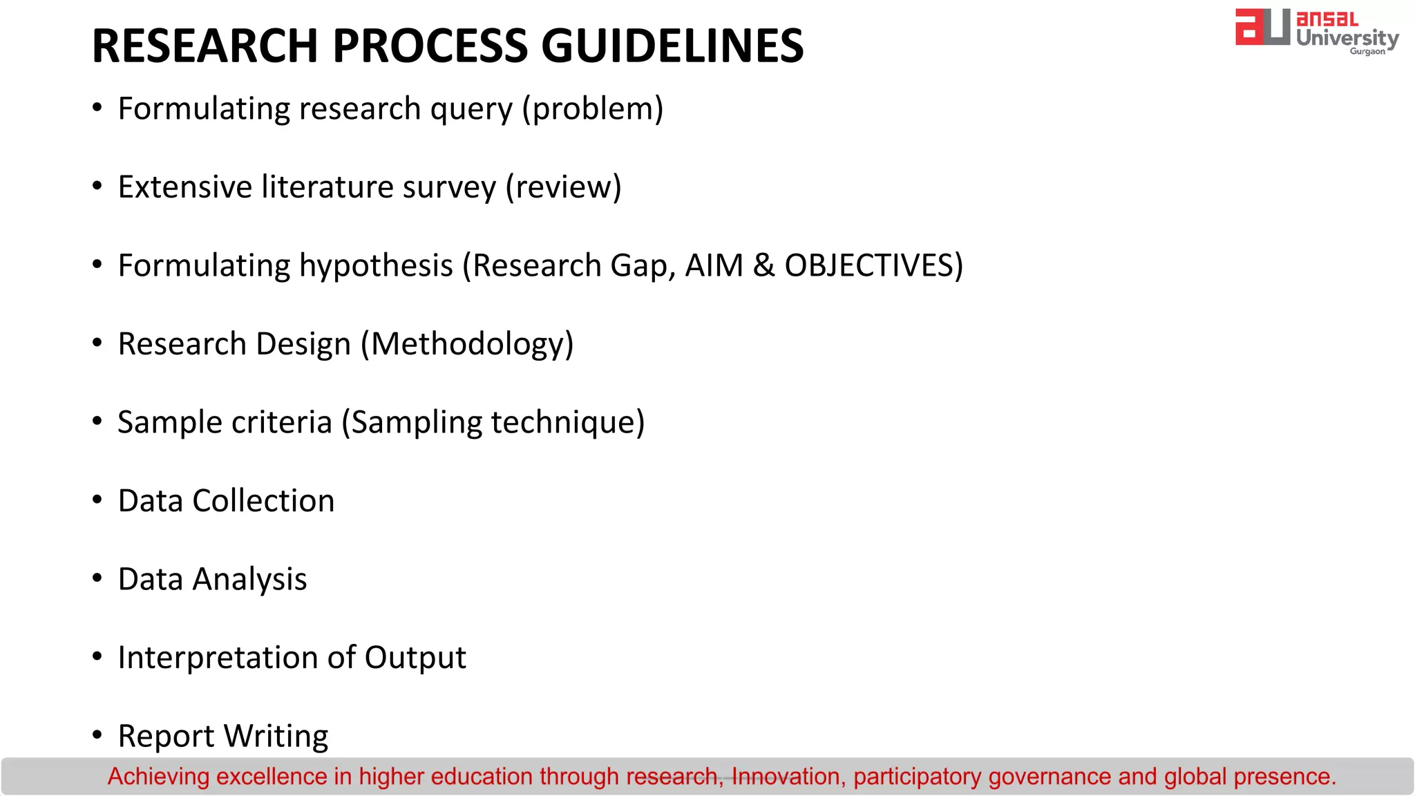 RESEARCH PROCESS GUIDELINES
• Formulating research query (problem)
• Extensive literature survey (review)
• Formulating hypothesis (Research Gap, AIM & OBJECTIVES)
• Research Design (Methodology)
• Sample criteria (Sampling technique)
• Data Collection
• Data Analysis
• Interpretation of Output
• Report Writing
 
