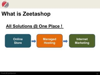 11Private & Confidential
What is Zeetashop
Online
Store
Managed
Hosting
Internet
Marketing
All Solutions @ One Place !
 